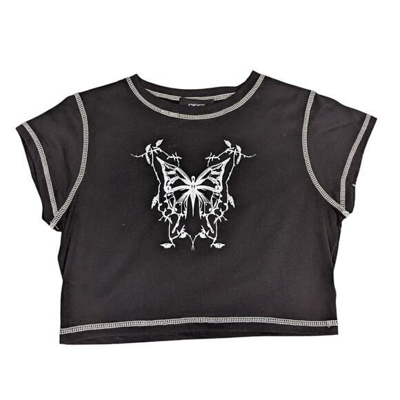 Cider Short Sleeve Cropped Butterfly T-Shirt Black and White Size M - Picture 3 of 13